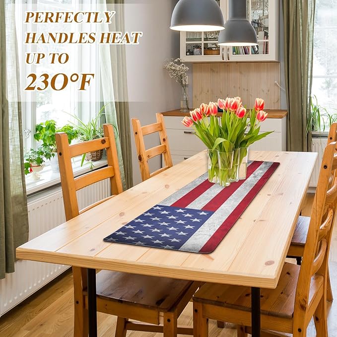 2 in 1 Table Runner Trivet for Hot Pots and Pans Heat Resistant Non Slip Waterproof 39 x 12 Inch Decorative Table Protector for Kitchen Countertop American Flag