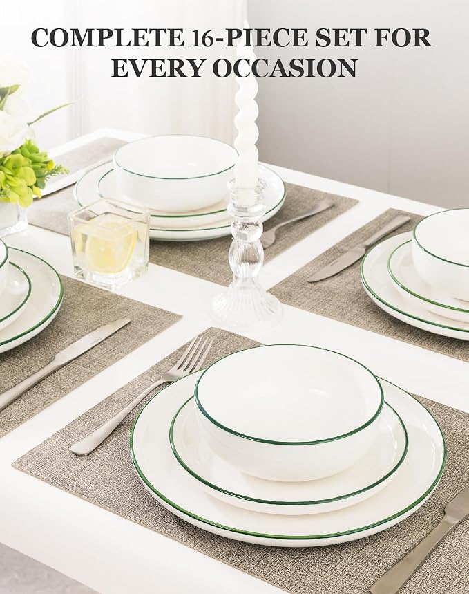 OTAGO 16-Piece Dinnerware Set for 4 with 4 Mugs, White with green rim Stoneware Plates and Bowls Sets, Ceramic Dish Set for Kitchen, Dinner & Dining, Green Rim, Microwave & Dishwasher Safe