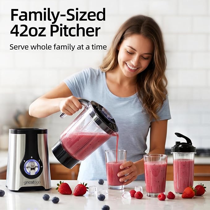 Blender and Food Processor Combo, Small Smoothie Blender with Grinder & Meat Chopper, 4-in-1 Kitchen System with 4 BPA-Free Cups (10-42oz), Perfect for Shakes, Baby Food, Dishwasher Safe, Ideal Gift