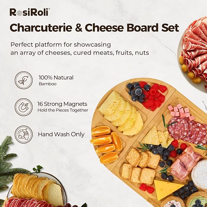 2Pack Charcuterie Board & Serving Set -Natural Bamboo Cheese Board with Magnetic Closure- Snack Tray Set, Perfert House Warming, Wedding & Couple Gift, Gifts for Mom & Women