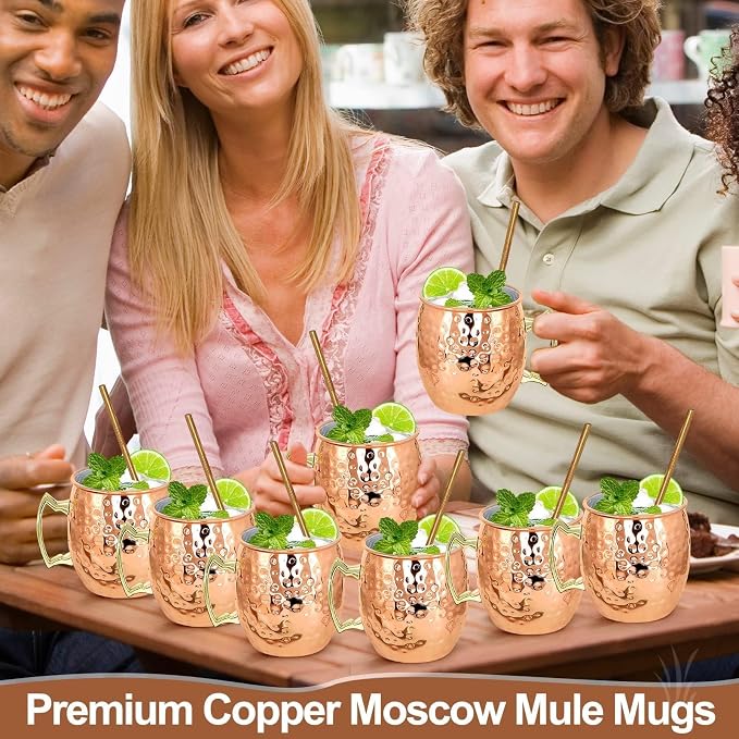 SuproBarware Moscow Mule Mugs Copper Plated 18oz Set of 8 Stainless Steel Moscow Mule Cups Perfect for Cold Drink Cocktails Home Bar with Gift