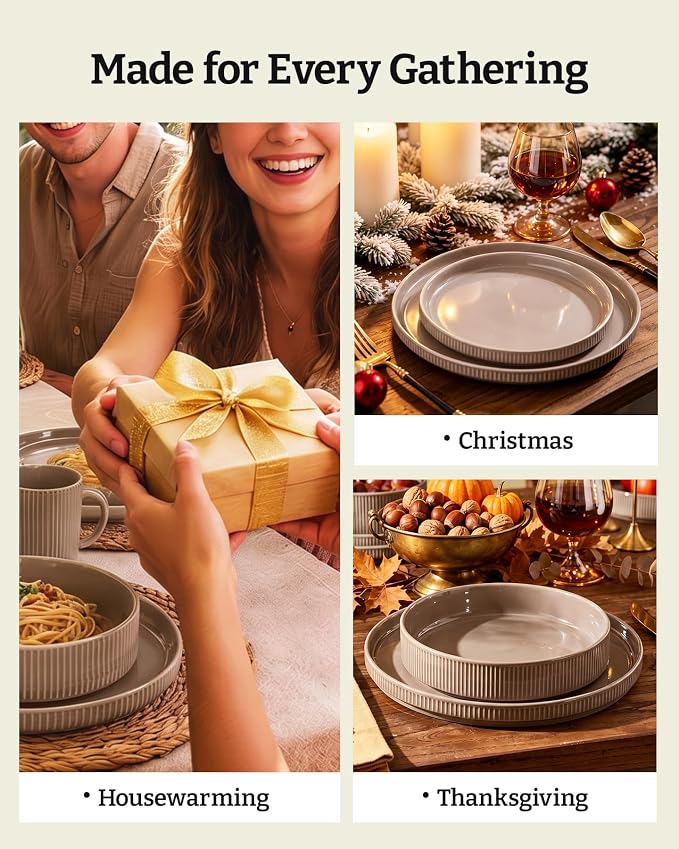 Famiware Star 12-Piece Stoneware Dinnerware Set for 4 – Brown, Ceramic Ribbed Plates and Bowls – Modern Rustic Dishes, Everyday & Formal Use – Chip & Scratch Resistant, Microwave & Dishwasher Safe