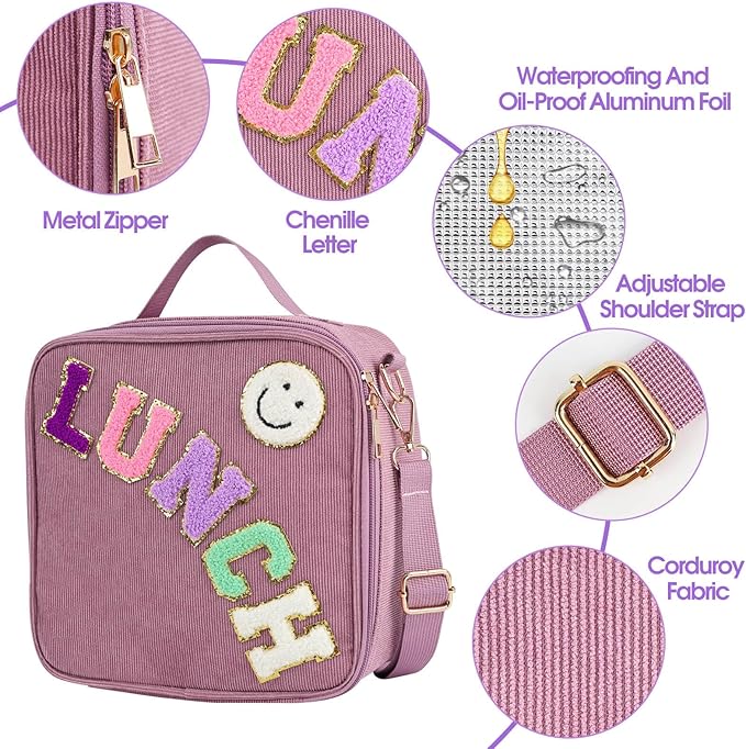 Lunch Box with Bento Box with 4 Compartment, with Leak Proof Thermo Food Jar, Preppy Corduroy Insulated Lunch Bag for Womens Girl Kids Teens School Travel Picnic (Purple)