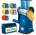 NutriChef 5 in 1 Cheese Grater & Shredder | 5 Different Blades for Thin, Thick, Julienne Strips, Wavy, & Straight Strips | Includes Hand Crank, Strong Suction Base & Storage Container | Blue