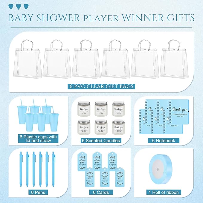 Nuogo 6 Sets New Parent Shower Prizes for Player Winners Adult, Wedding Bridal Shower Gift, Plastic Tumbler Notebook Scented Candle Ballpoint Pen Bag (Blue Color,Classic Style)