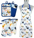 Alselo Oven Mitts and Pot Holders with Chef Apron,Set of 5 Heat Resistant Kitchen Gloves and Silicone Non-Slip Potholders Adjustable Neck Buckle Chef Apron, Cotton Nice Design for Cooking (Rooster)