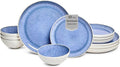 Sango 12-Piece Stoneware Dinnerware Set for 4, Light Blue Reactive Glaze on White Plates and Bowls Sets, Kitchen Ceramic Dish Set, Modern Dishes for Everyday Dining, Microwave & Dishwasher Safe, Cove
