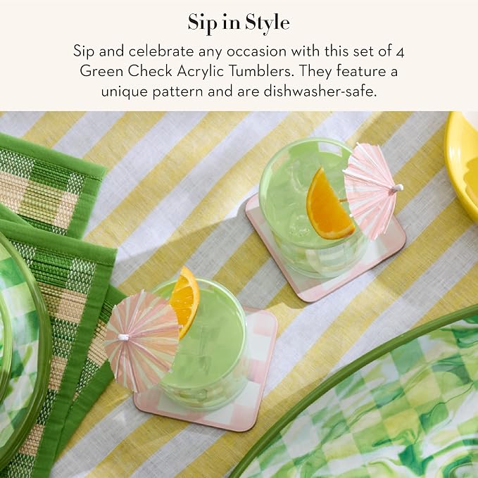 MACKENZIE-CHILDS Set of 4 Acrylic Tumblers, Open Tumbler Cups, Acrylic Cups, 14 Ounces, Green Check
