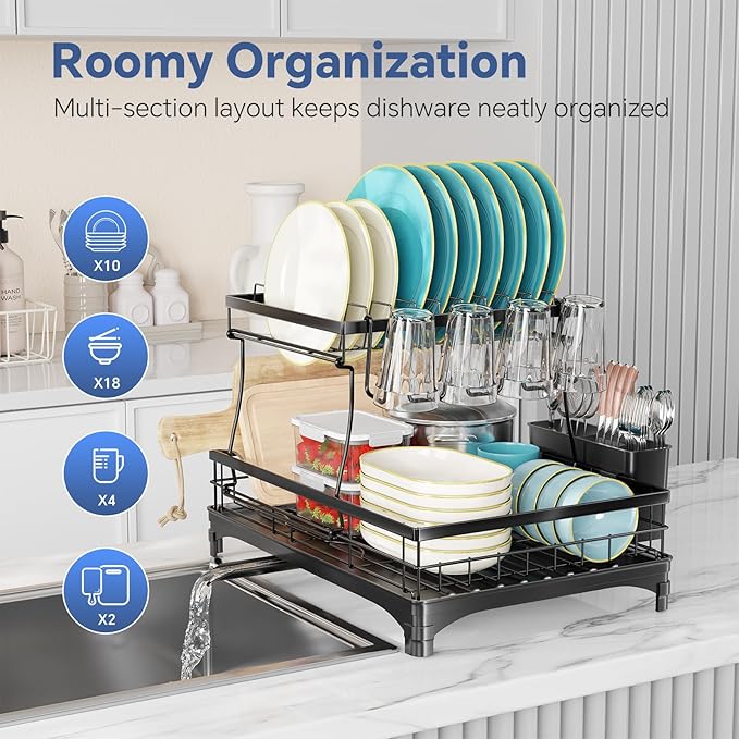 Simple Trending Dish Rack, Stainless Steel Dish Drying Rack for Kitchen Counter, Large Capacity 2-Tier Dish Drainer Organizer with Utensil Holder, Black