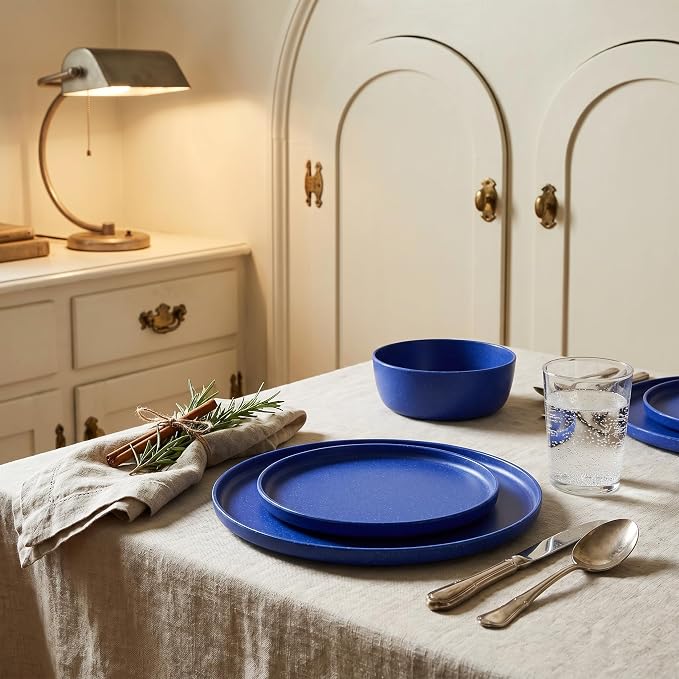 Webbylee 12 Piece Melamine Dinnerware Set for 4 - Shatterproof Matte Blue Round Plates & Bowls, Lightweight Unbreakable Tableware for Camping, RV, Patio & Indoor Outdoor Use, Dishwasher Safe
