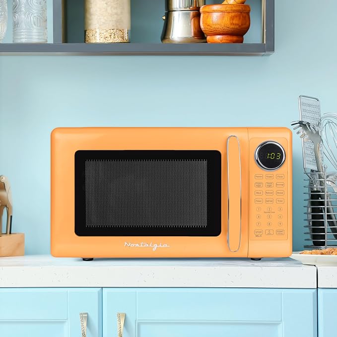 Nostalgia Modern Retro Compact Countertop Microwave Oven - 0.7 Cu. Ft. - 700-Watts with LED Digital Display - Child Lock - Easy Clean Interior - Orange