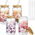 Mumufy 4 Pack Wildflower Glass Cups Gift Aesthetic Cute Glass Cup Tumbler Flower Iced Coffee Mugs 16 oz with Bamboo Lid & Straw, for Wedding Birthday Bridesmaid Mom Baby Shower