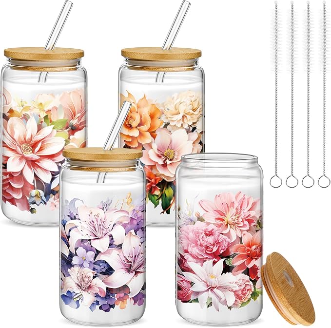 Mumufy 4 Pack Wildflower Glass Cups Gift Aesthetic Cute Glass Cup Tumbler Flower Iced Coffee Mugs 16 oz with Bamboo Lid & Straw, for Wedding Birthday Bridesmaid Mom Baby Shower