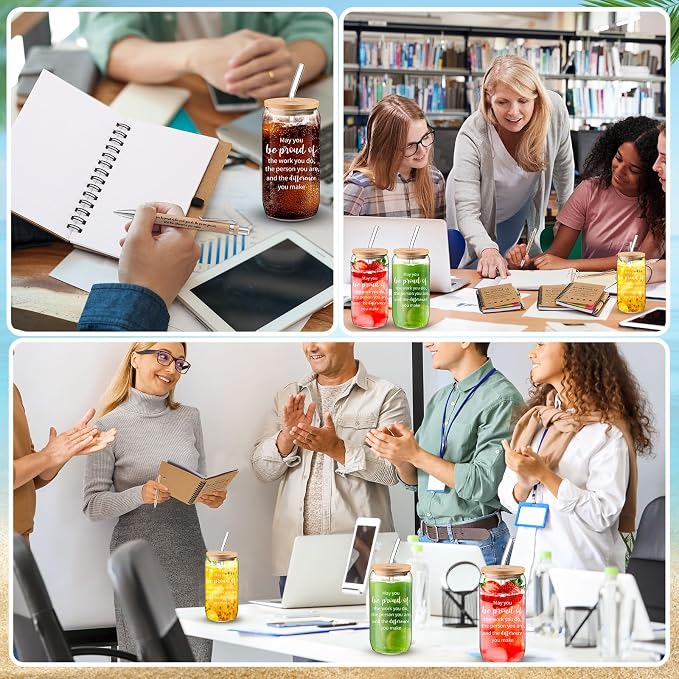 Skylety 12 Sets Teachers Appreciation Gifts Bulk May You Be Proud of The Work You Do 16 oz Glass Cups with Lids Straws Notebooks Pens for Nurse Employee Team Staff Coworker