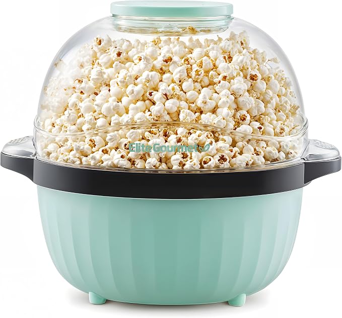 Elite Gourmet 4.5Qt. Stirring Popcorn Maker with Ceramic Coated Plate, Stirring Rod, Clear Cover Doubles as Serving Bowl, Butter Melting Tray, Up to 18 Cups, Makes Fresh Buttery Popcorn, Mint