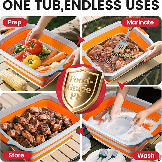 BBQ Prep Tub 3-IN-1 Large 30L Collapsible Cutting Board with Lid for Grill Meal Prep Marinating Food, Camping Sink with Colander, Dish Basin, Storage Blanket for Camping Picnic BBQ Grilling, Orange