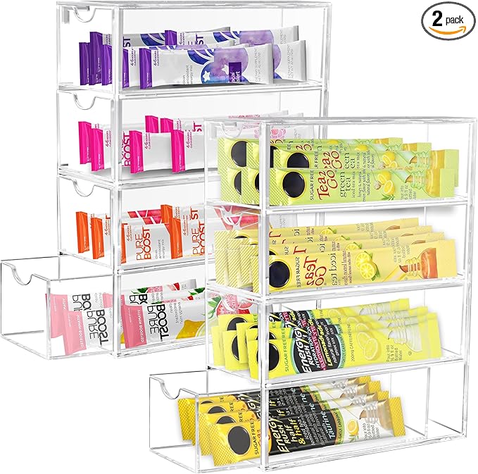 2 Pack Drink Packet Organizer, Acrylic Drink Mix Holder with 4 Clear Drawers Water Flavor Packets Container for Kitchen Pantry Home Organization (2 Pack)