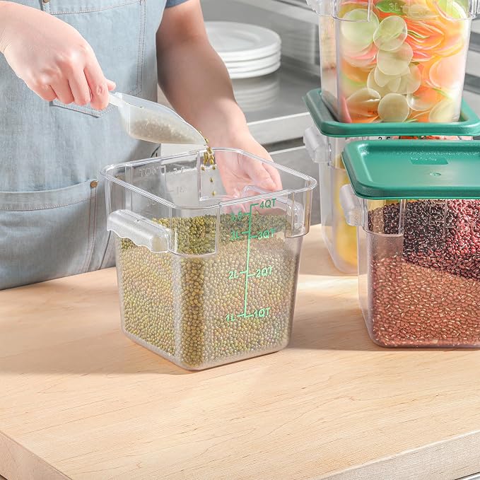 EGGKITPO 4 Pack 4 QT Food Storage Containers with Green Lids Hot Cold Resistant Stackable Square Commercial Container Set with Handle, Clear Scarle Home Party Business BPA-Free Polycarbonate