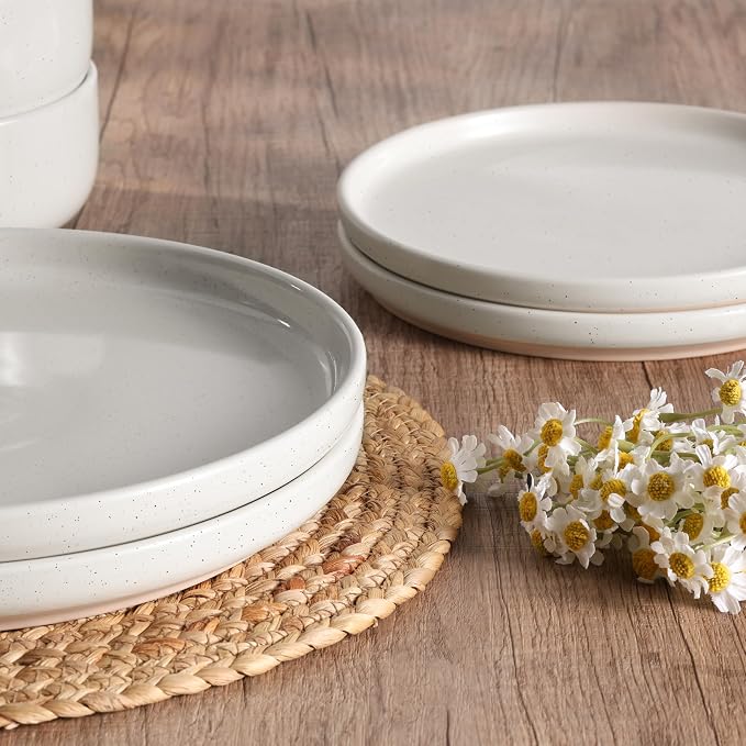 HaWare Stoneware Dinnerware Sets, 6-Piece Plates and Bowls Set for 2, Dishes Set for Home Restaurant, Speckled Milky White