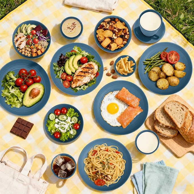 16 PCS Wheat Straw Plates and Bowls Sets,Kids Dishes Dinnerware Sets for 4,Unbreakable Kitchen Plates and Bowls Set for Travel Dishwasher & Microwave Safe Lightweight Dishes Set - DeepBlue