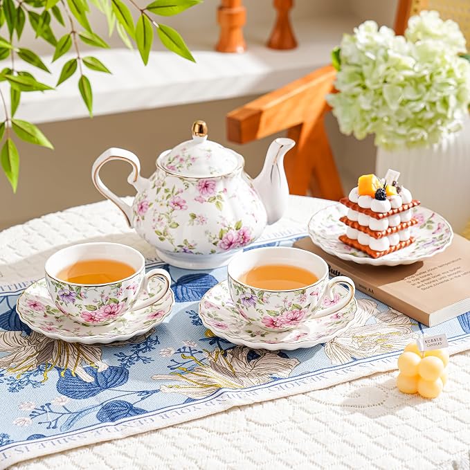 Agyiuns Tea Cup and Saucers, 6.4oz Floral Tea Cups with Gold Trim, Coffee Cappuccino Espresso Latte Mugs for Party Birthday,Christmas Gift (Pink and purple flowers)