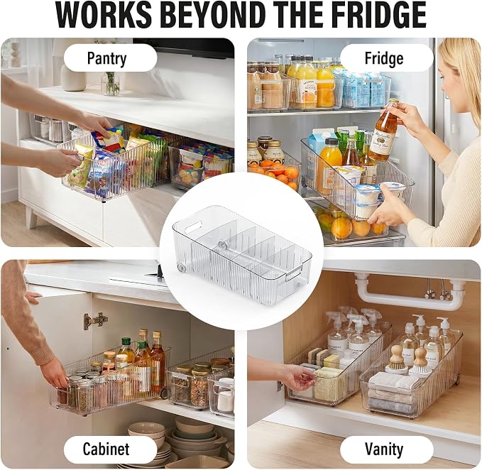 Fridge Organizer Bins with Wheels, Pull Out Fridge Organizer, Adjustable Dividers and Easy Pull Handles, Clear Plastic, 2-Pack, Suitable for Kitchen, Pantry and Cabinet Deep Shelves