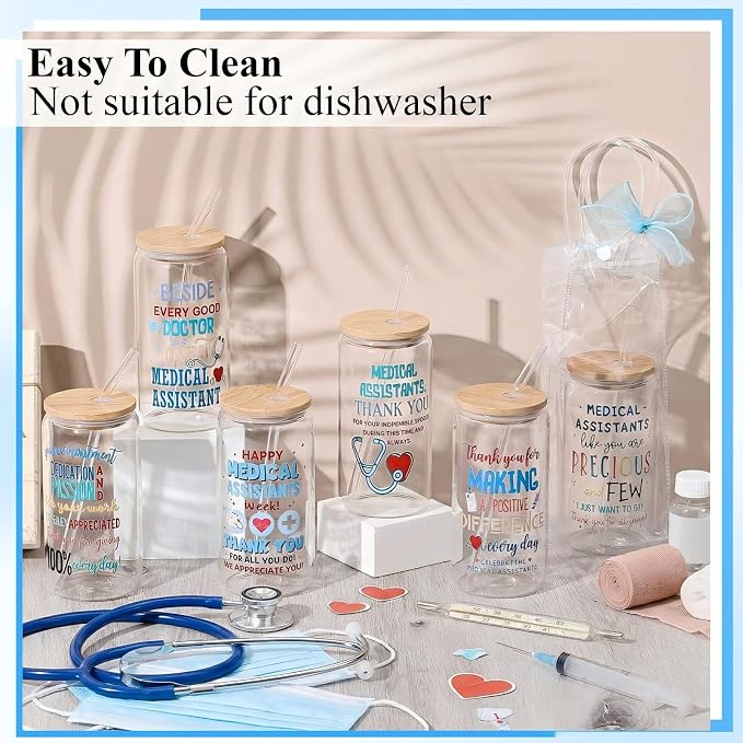 Mumufy 6 Sets Medical Assistants Glass Cups with Clear Gift Bag 16 oz Reusable blue Iced Coffee Mugs Aesthetic Cute Tumbler with Lids and Straws, Gifts for Girls Women Bridesmaid