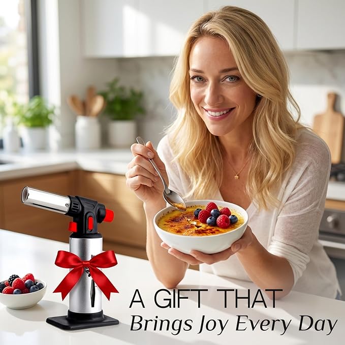 Jo Chef Kitchen Torch with Butane Included – Refillable butane torch Lighter with Safety Lock & Adjustable Flame, Culinary Blow Torch for Cooking, Creme Brulee and Soldering 2 Cans (3.38oz) Included