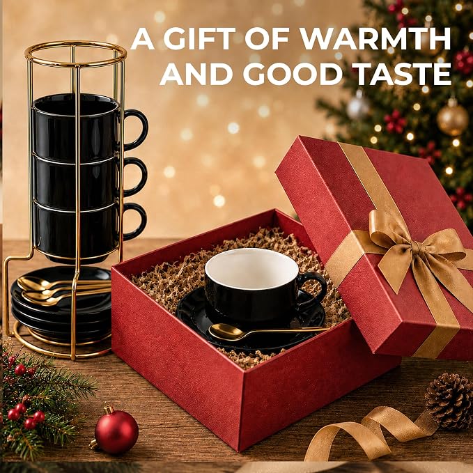 8 Ounce Cappuccino Cups Set of 4, Black | Stackable Cappuccino Mugs, Includes Display Stand, Cups Saucers, and Spoons, for Machines & Home Use, Gold Stand