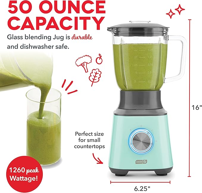 Dash Quest Blender for Smoothies and Shakes - 600W Kitchen Blender with 1.5-Liter Glass Pitcher, Stainless Steel Blades, 3 Speeds + Pulse for Frozen Drinks and Soups-Aqua