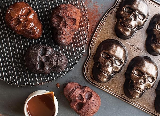 Nordic Ware Halloween Bakeware, Haunted Skull Cakelet Pan, Bronze (Pack of 3)