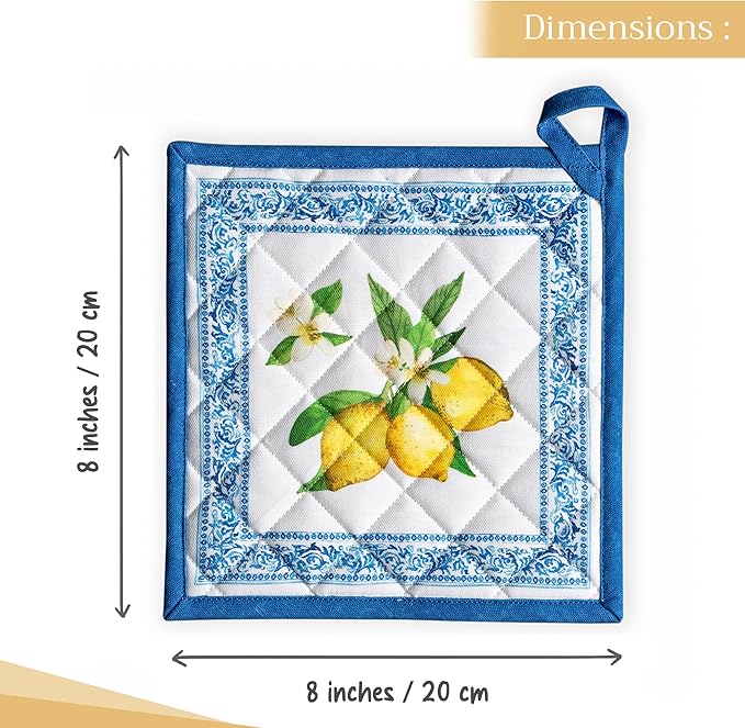 Maison d' Hermine Pot Holders 100% Cotton Heat Resistant Potholders 8" x 8" Hot Pads with Loop BBQ Cooking Baking Gifts for Mothers Day Handling Hot Pans Spring/Summer (Pack of 2, Cedrat)