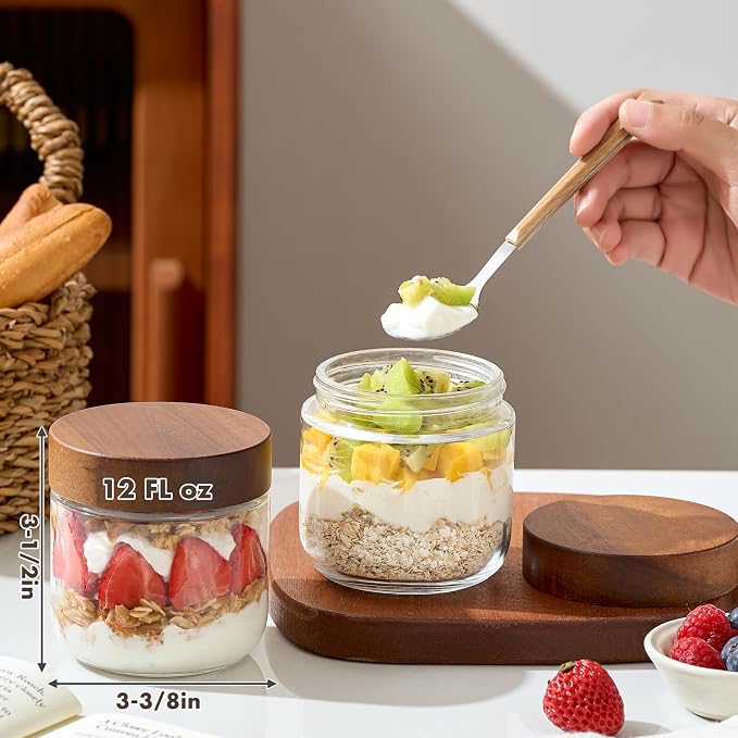 Danmu 12 oz Overnight Oats Containers with Lids,Glass Jars with Lids 4 Pack | Wooden Lid,Mason Jars 12 oz with Lids,Meal Prep,Yogurt,Leak-proof,Dishwasher Safe(remove lids),Fridge Safe,Portable