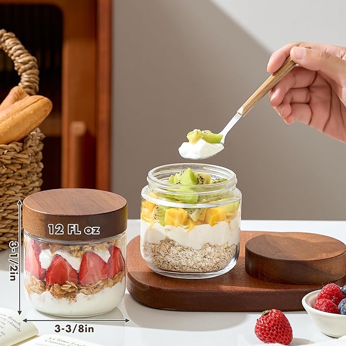 Danmu 12 oz Overnight Oats Containers with Lids,Glass Jars with Lids 6 Pack | Wooden Lid,Mason Jars 12 oz with Lids,Meal Prep,Yogurt,Leak-proof,Dishwasher Safe(remove lids),Fridge Safe,Portable