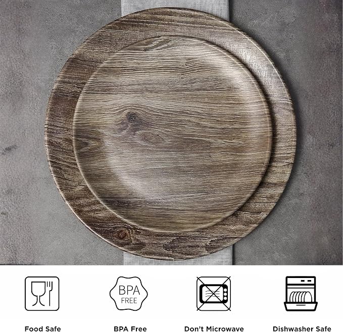 TP 18-Piece Dinnerware Set, Melamine Dishes Set with Bowls and Plates, Service for 6, Non-breakable Lightweight Dining Tableware, Grayish-brown Wood Grain