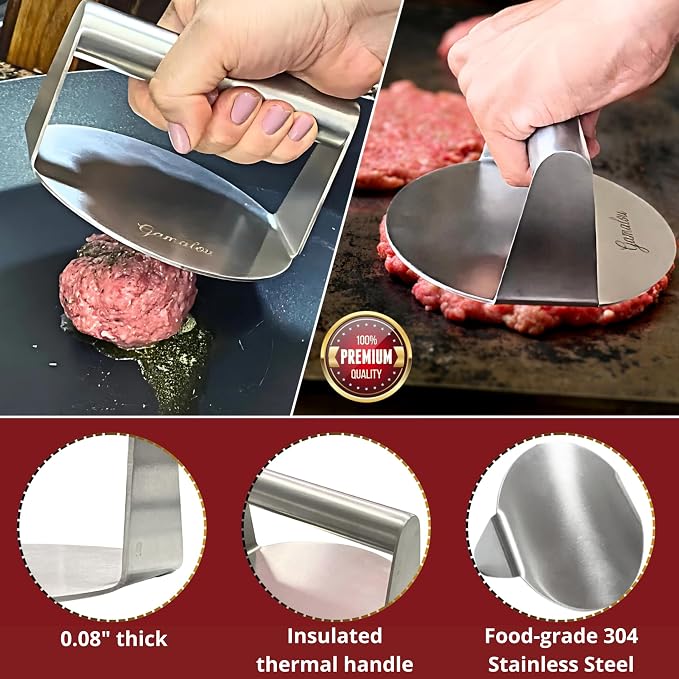 Gamalou® 7 Pcs Smash Burger Press Kit: Stainless Steel Burger Smasher, 6x5" Spatula, 4" Scraper, 2 Melting Domes, Seasoning Shaker, Egg Ring, Griddle Accessories for Blackstone, Grill, Frying Pan