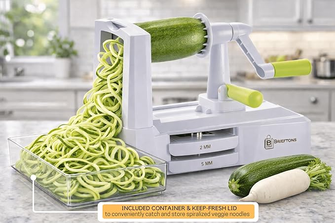 Brieftons 7-Blade Vegetable Spiralizer: Zucchini Spiral Slicer & Veggie Noodle Maker, Japanese Steel Blades, Catch Container, Strong Suction Cup, Blade Caddy, 4 eBooks | Low Carb, Vegan, Gluten-Free