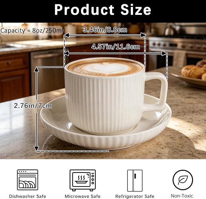 8oz Cappuccino Cups With Saucers - Set Of 4 Latte Mugs With Saucers - White Cream Ceramic Coffee Mugs For Latte, Au Lait, Flat White, Mocha, Tea, Embossed Coffee Cups