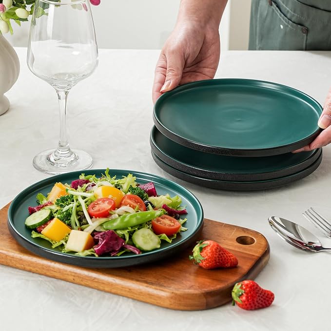 Ceramic Salad & Dessert Plates Set, 8 Inch, Set of 4, Modern Green | Stoneware, Dishwasher & Microwave Safe, Small Dinner Plates, For Cake, Fruits, Waffle, Pasta, Salad