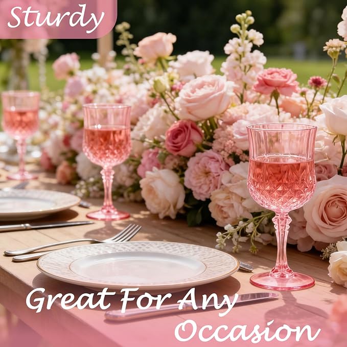 Plastic Wine Glasses, Plastic Goblets Vintage Style Cordial Unbreakable Drinking Glasses,Reusable Drinkware for Wedding Reception, Grand Event Party Supplies (24, Pink)
