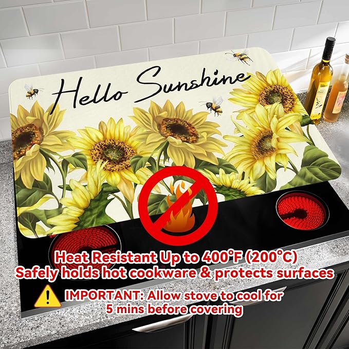Decorative Stove Top Covers for Electric Stove 28"x20" – Heat Resistant Glass Cooktop Protector Dish Drying Mat – Non-Slip Rubber Backing Washer Top Cover Waterproof Extra Counter Space (Sunflower 2)