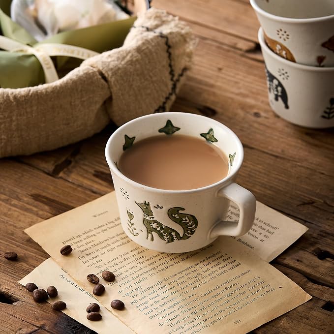 12 oz Vintage Ceramic Coffee Mug Set of 4 - Handmade Stoneware Pottery Countryside Farmhouse Fall Autumn Tea Mugs with Big Handle for Latte,Cocoa,Dishwasher & Microwave Safe Cups (Animals)