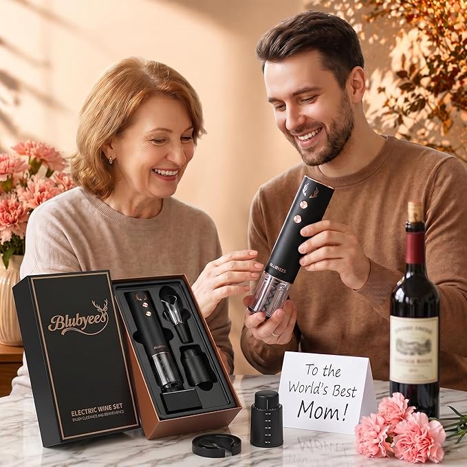 BLUBYEES 4-in-1 Rechargeable Electric Wine Opener Set - Automatic Corkscrew, Foil Cutter, Aerator Pourer, Vacuum Stopper - Wine Lovers Gifts for Women and Men