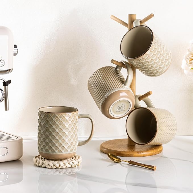 GBhome Large Coffee Mugs Set of 4, 16oz Handmade Stoneware Coffee Mugs Set with Large Handle for Cappuccino/Latte/Tea/Hot Cocoa, Dishwasher & Microwave Safe-Pale khaki