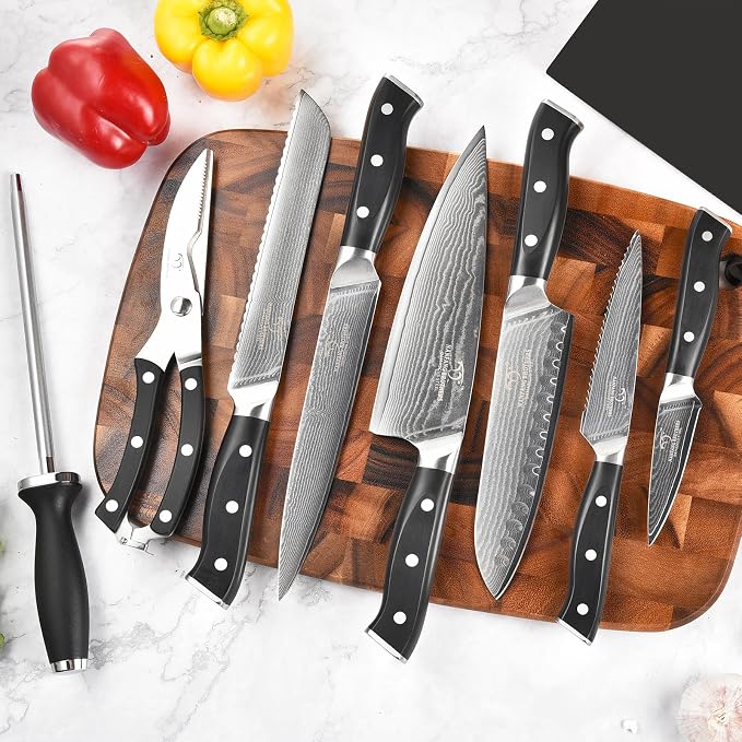 NANFANG BROTHERS Damascus Knife Set, 9-Piece VG10 Kitchen Knives with Block | 9-piece professional Damascus kitchen knife set with VG10 steel core, 66 layers, wood block, and ABS handles