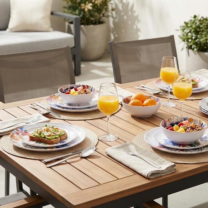 Melamine Dinnerware Sets 12 Pcs, Melamine Plates and Bowls,Party Plates and Bowls Sets, Camping Dishes Set for 4, Unbreakable, BPA Free, Dishwasher Safe（Colorful flowers）