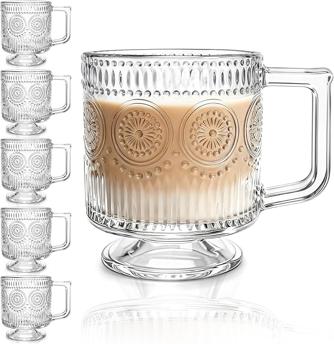 Pumtus 6 Pack Glass Coffee Mugs, 8 OZ Footed Irish Tea Cup with Handle, Embossed Floral Latte Cappuccino Mug, Clear Romantic Glassware for Chocolate, Espresso, Smoothie, Cocktail, Cold Drinks