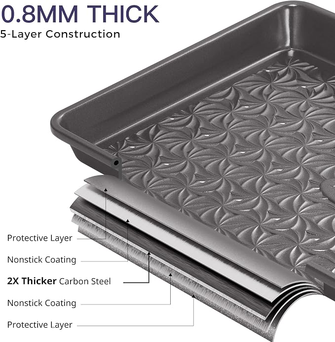 HONGBAKE Nonstick Baking Sheet Pan Set of 3, Cookie Sheets for Oven, Non-Toxic Half/Quarter/Jelly Roll Pans with Floral Swirl Texture, Heavy Duty 0.8mm Thick Oven Trays for Cooking, Dark Gray