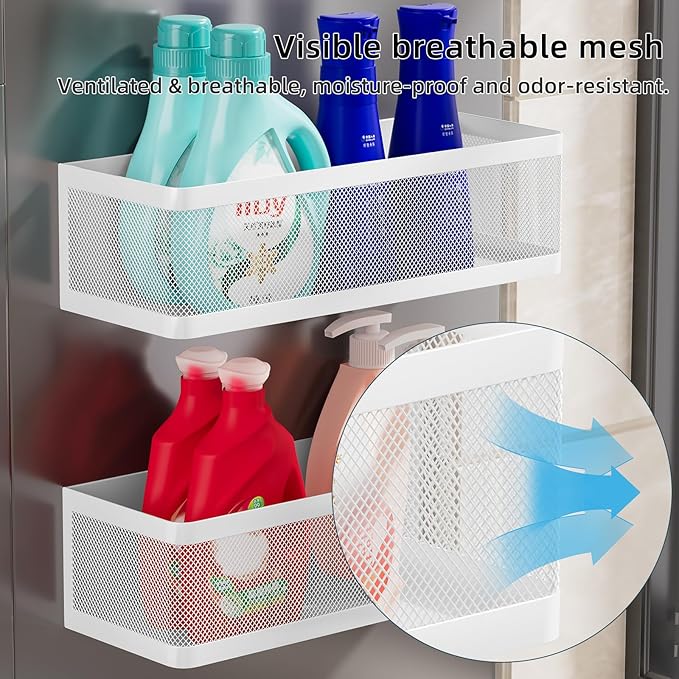 2 Pack Magnetic Shelves for Washing Machine, White Metal Magnetic Storage Baskets, Space-Saving Strong Hold Organizer for Laundry Room, Refrigerator, Bathroom, Kitchen, Pantry, Utility Room