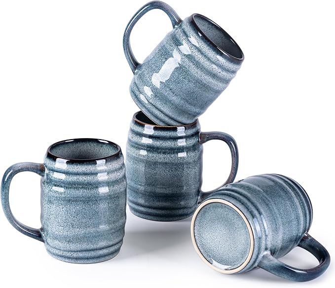 GBhome 20oz Large Coffee Mugs Set of 4, Handmade Ceramic Coffee Mugs Set for Latte/Tea/Beer/Hot Cocoa, Dishwasher & Microwave Safe- Blue Horizon